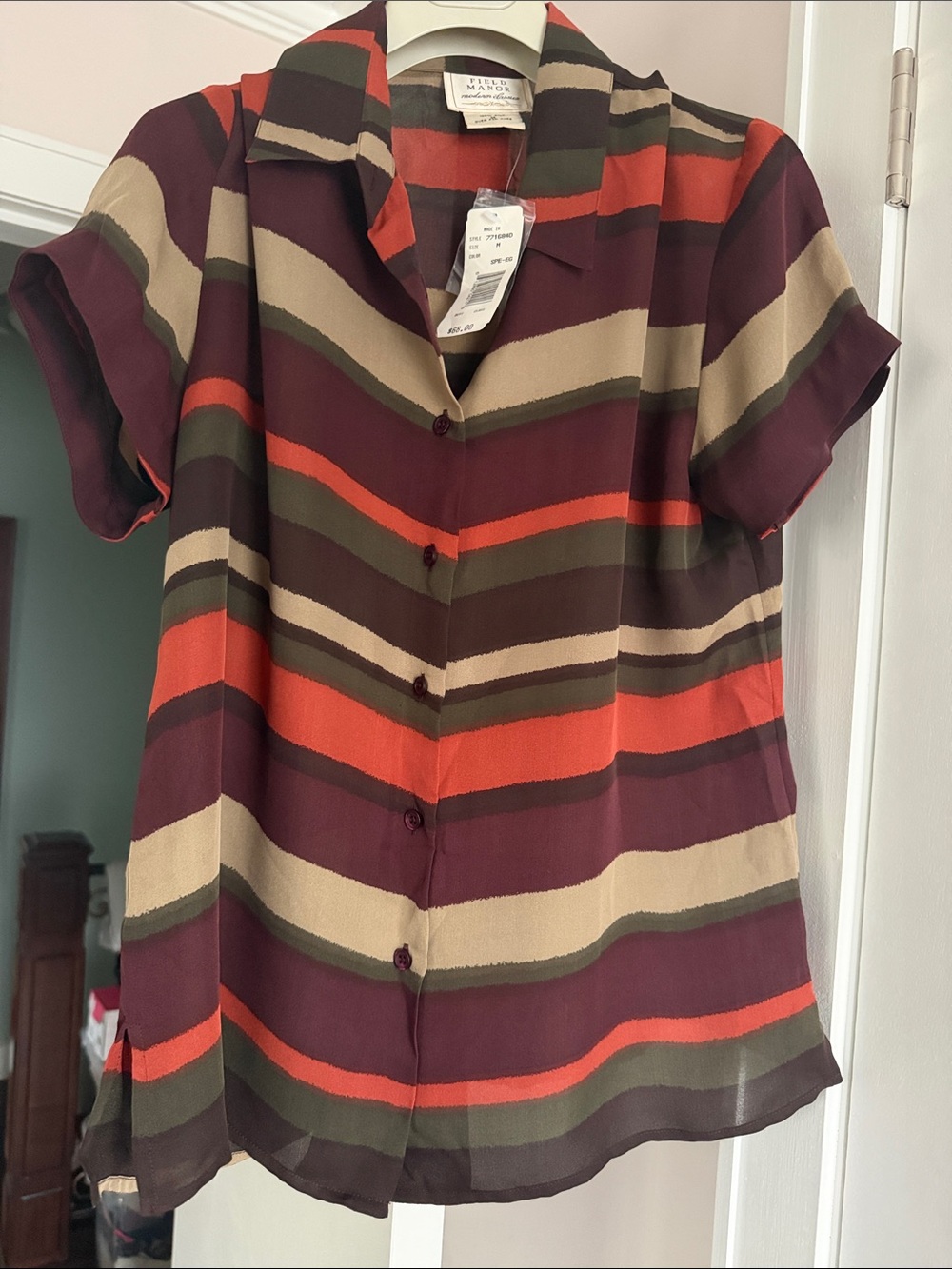 Field Manor silk burgundy Green striped short sleeve button blouse Women Size M